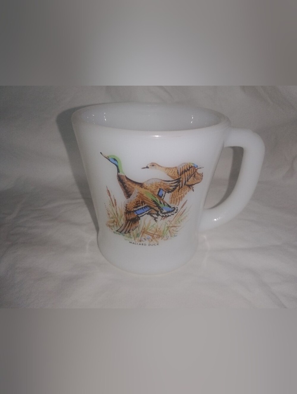 Vintage Fire King Mallard Duck Coffee Mug Cup Milk Glass 3 3/8" Tall Retro Bird